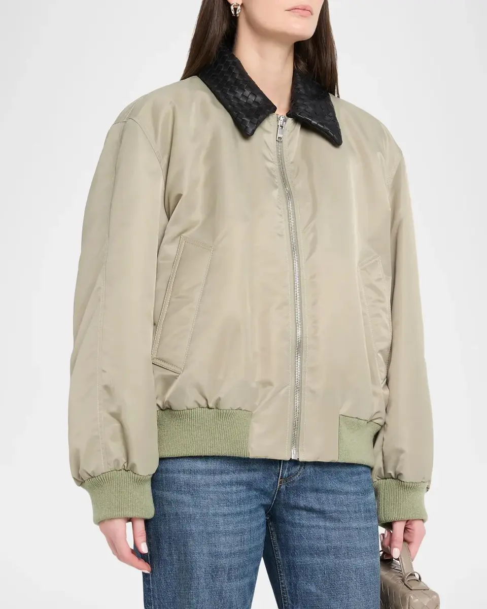 Bottega Veneta Satin Nylon Bomber Jacket With Intrecciato Leather Collar | Thumbnail 4 Bottega Veneta Satin Nylon Bomber Jacket With Intrecciato Leather Collar | Thumbnail 4
