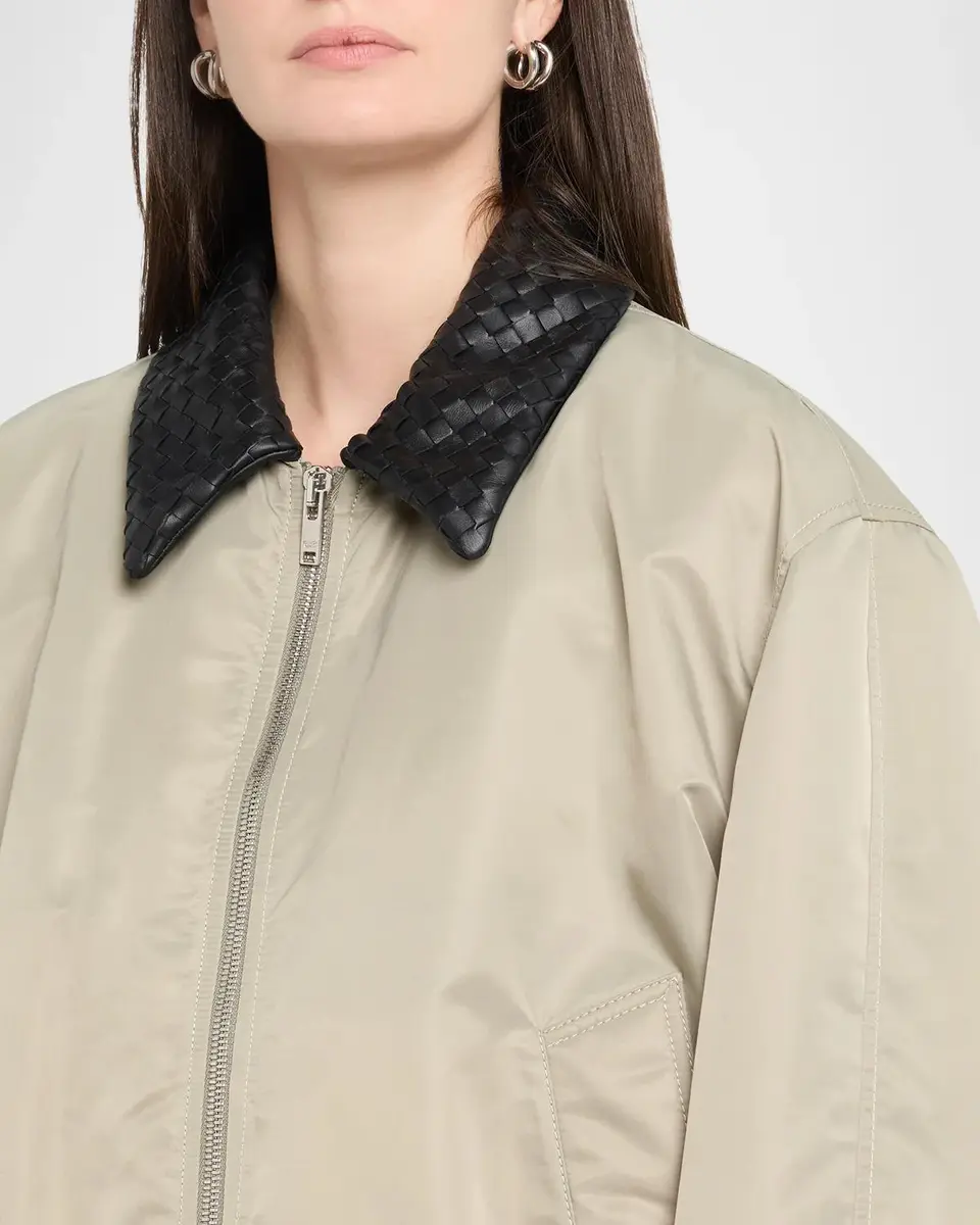 Bottega Veneta Satin Nylon Bomber Jacket With Intrecciato Leather Collar | Thumbnail 5 Bottega Veneta Satin Nylon Bomber Jacket With Intrecciato Leather Collar | Thumbnail 5