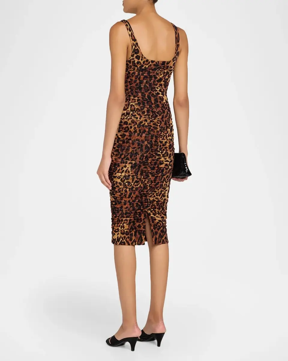 L'Agence Anya Shirred Leopard-Print Mesh Sleeveless Midi Dress | Thumbnail 3 L'Agence Anya Shirred Leopard-Print Mesh Sleeveless Midi Dress | Thumbnail 3