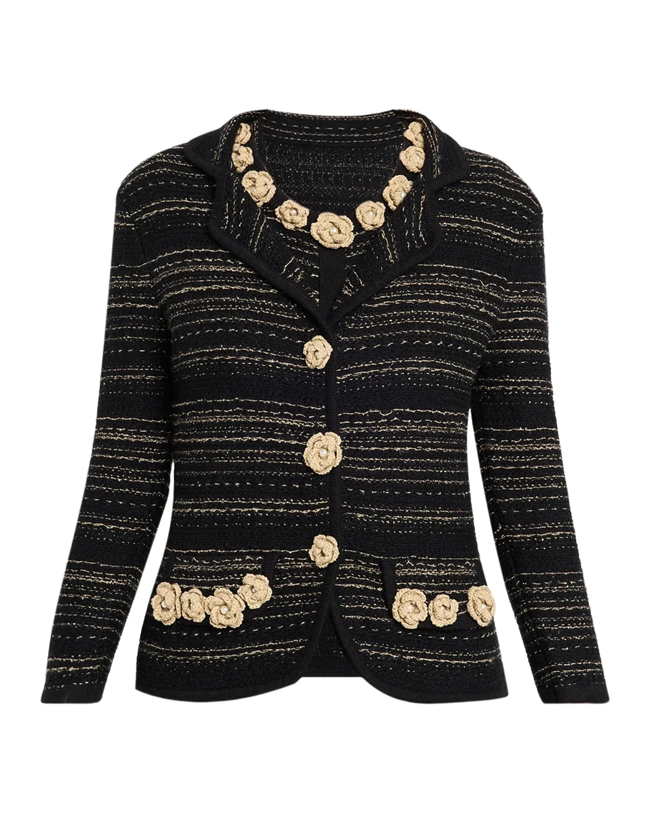 Crochet Floral Applique Striped Knit Jacket Crochet Floral Applique Striped Knit Jacket