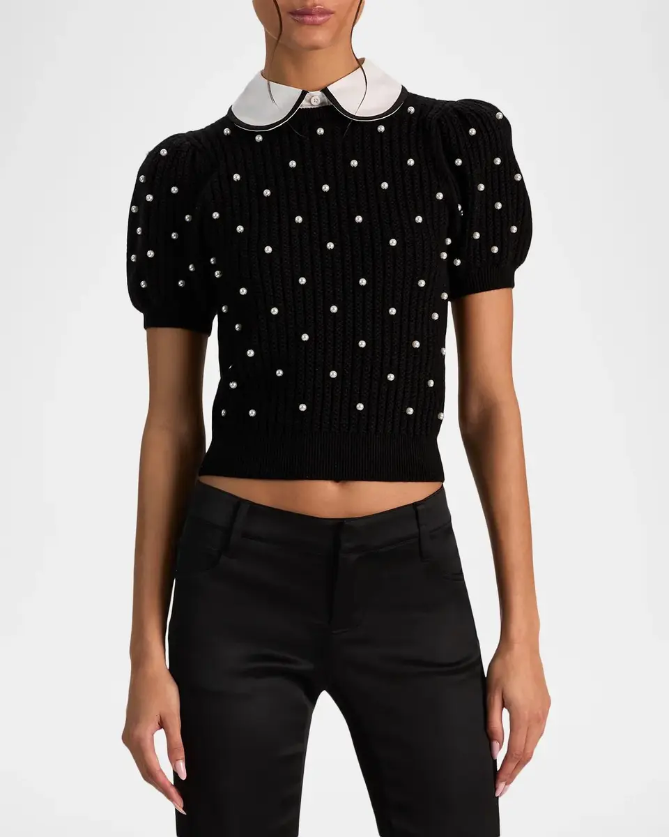 Alice + Olivia Chase Embellished Stretch-Wool Puff-Sleeve Sweater | Thumbnail 4
