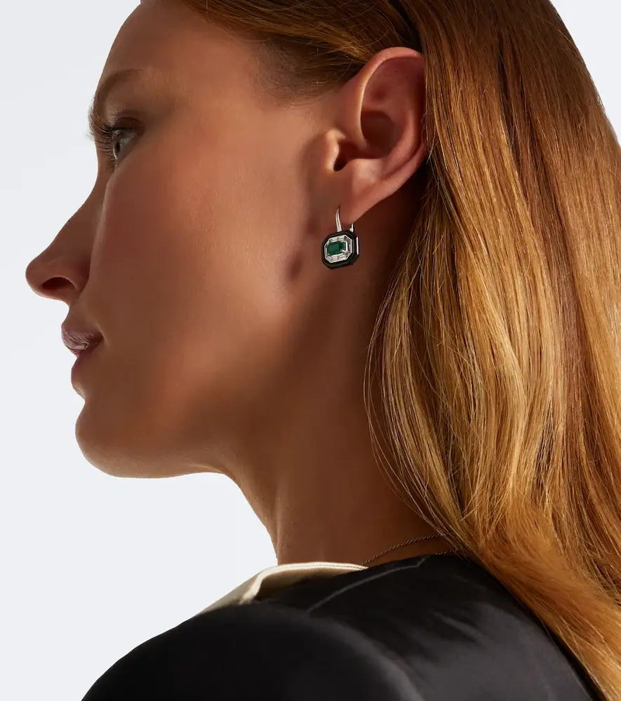 Nikos Koulis Oui 18kt white gold and enamel earrings with emerald and diamonds | Thumbnail 3