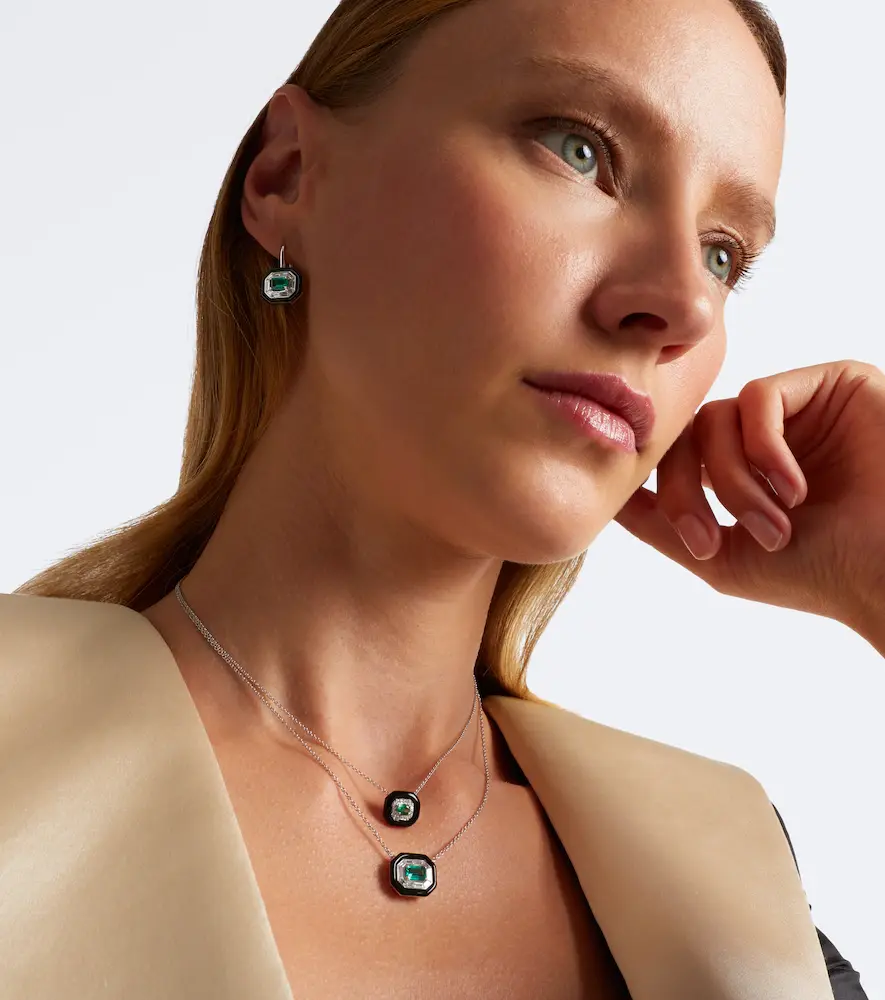 Nikos Koulis Oui 18kt white gold and enamel earrings with emerald and diamonds | Thumbnail 4