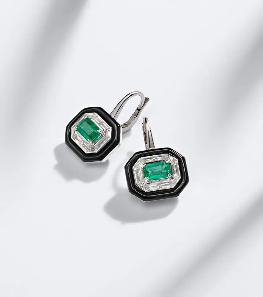 Nikos Koulis Oui 18kt white gold and enamel earrings with emerald and diamonds | Thumbnail 5