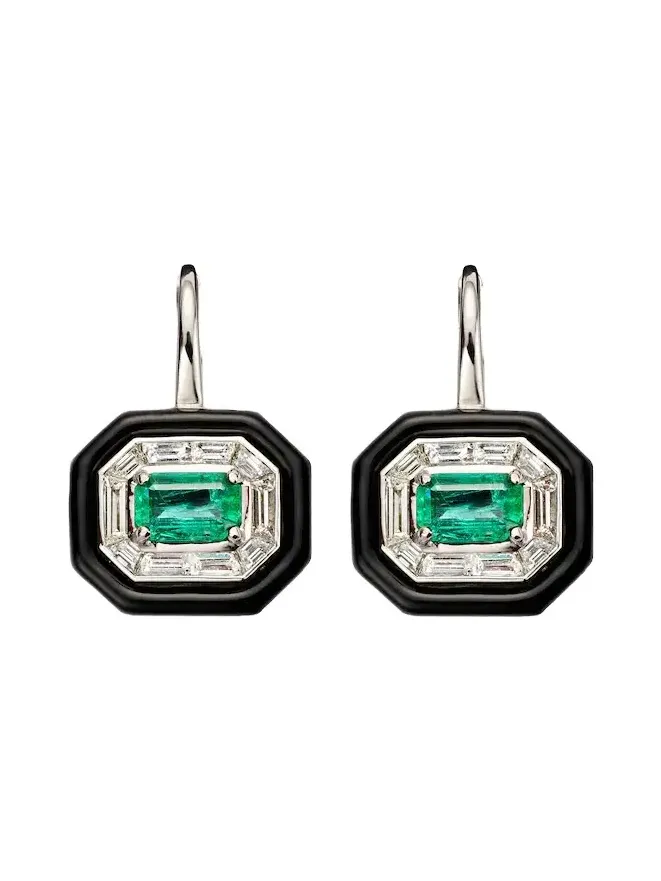 Oui 18kt white gold and enamel earrings with emerald and diamonds