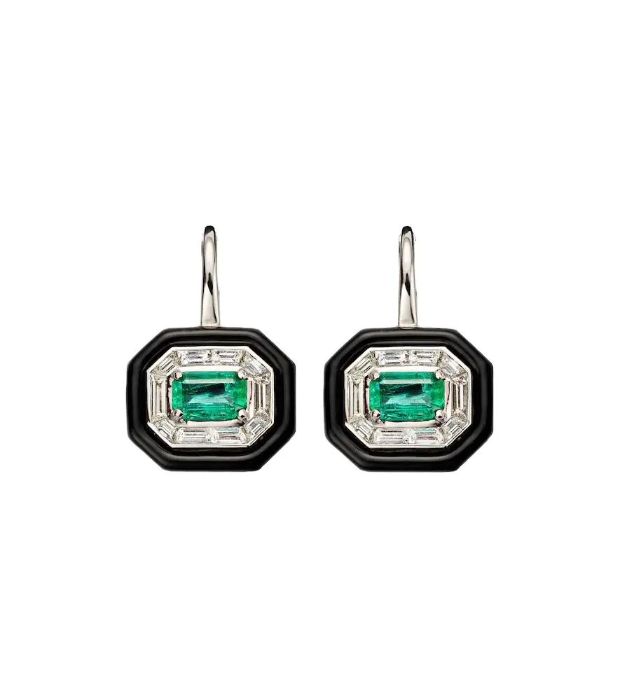 Oui 18kt white gold and enamel earrings with emerald and diamonds Oui 18kt white gold and enamel earrings with emerald and diamonds