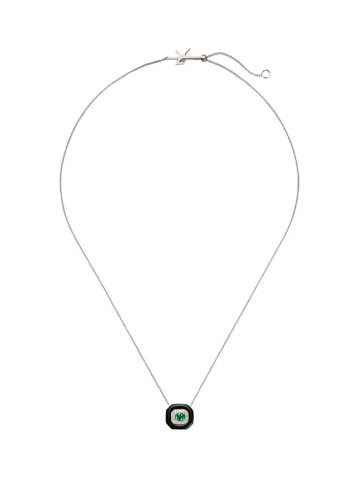 Oui 18kt white gold and enamel pendant necklace with emerald and diamonds Oui 18kt white gold and enamel pendant necklace with emerald and diamonds