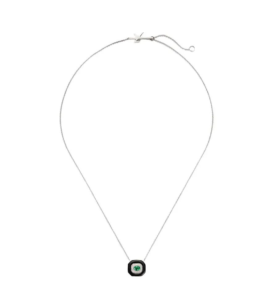 Oui 18kt white gold and enamel pendant necklace with emerald and diamonds