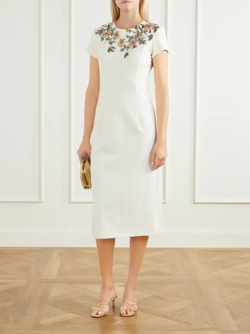 Oscar de la Renta Floral-embellished Wool-blend Crepe Midi Dress | Thumbnail 2