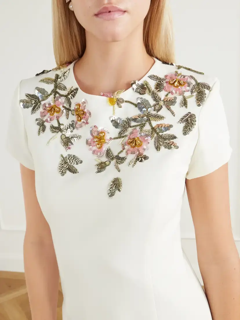Oscar de la Renta Floral-embellished Wool-blend Crepe Midi Dress | Thumbnail 4