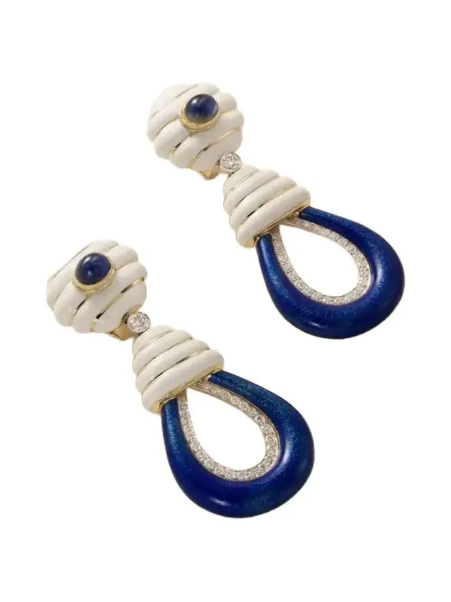 Beehive 18-karat Gold And Platinum; Diamond, Sapphire And Enamel Earrings - Blue Beehive 18-karat Gold And Platinum; Diamond, Sapphire And Enamel Earrings - Blue