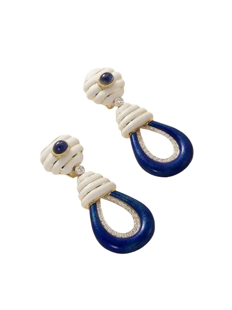 DAVID WEBB Beehive 18-karat Gold And Platinum; Diamond, Sapphire And Enamel Earrings