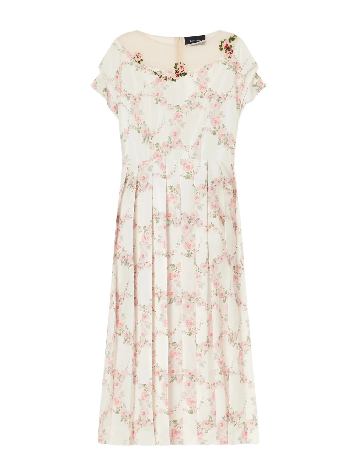 Bead-embellished Pleated Floral-printed Taffeta Midi Dress