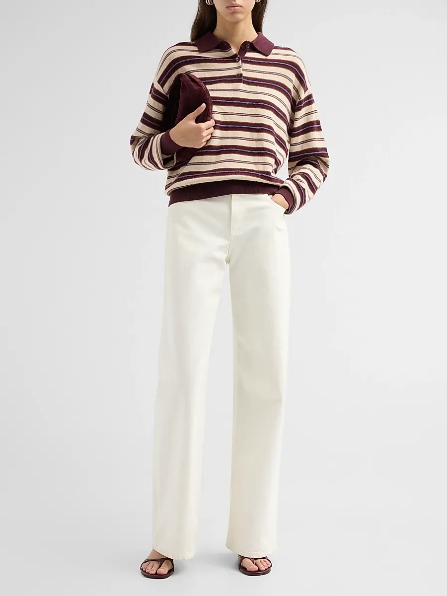 Guest In Residence Women's Collegiate Striped Cashmere Long-Sleeve Polo Shirt | Thumbnail 2