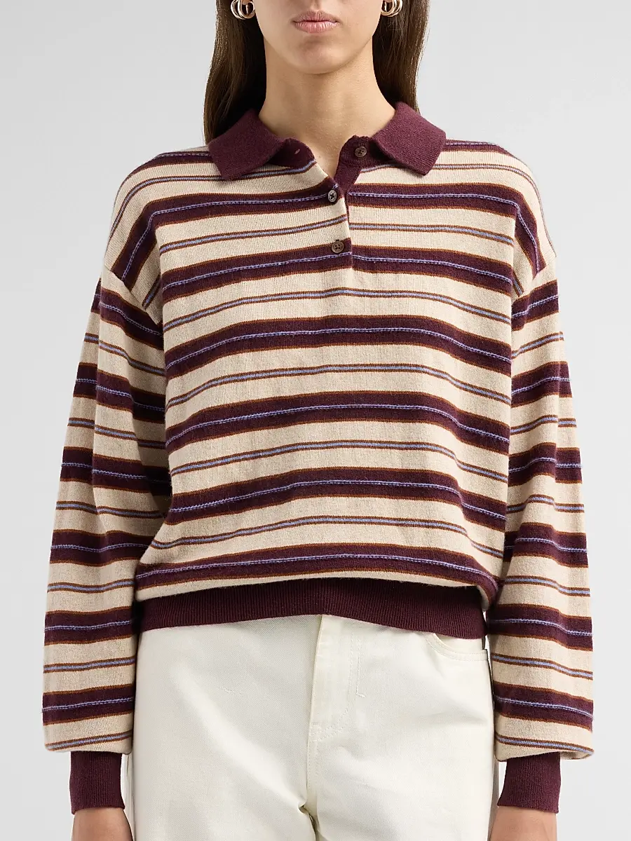 Guest In Residence Women's Collegiate Striped Cashmere Long-Sleeve Polo Shirt | Thumbnail 5