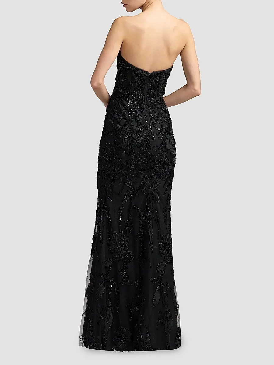 Mac Duggal Women's Floral Embellished Mesh Strapless Column Gown | Thumbnail 3 Mac Duggal Women's Floral Embellished Mesh Strapless Column Gown | Thumbnail 3