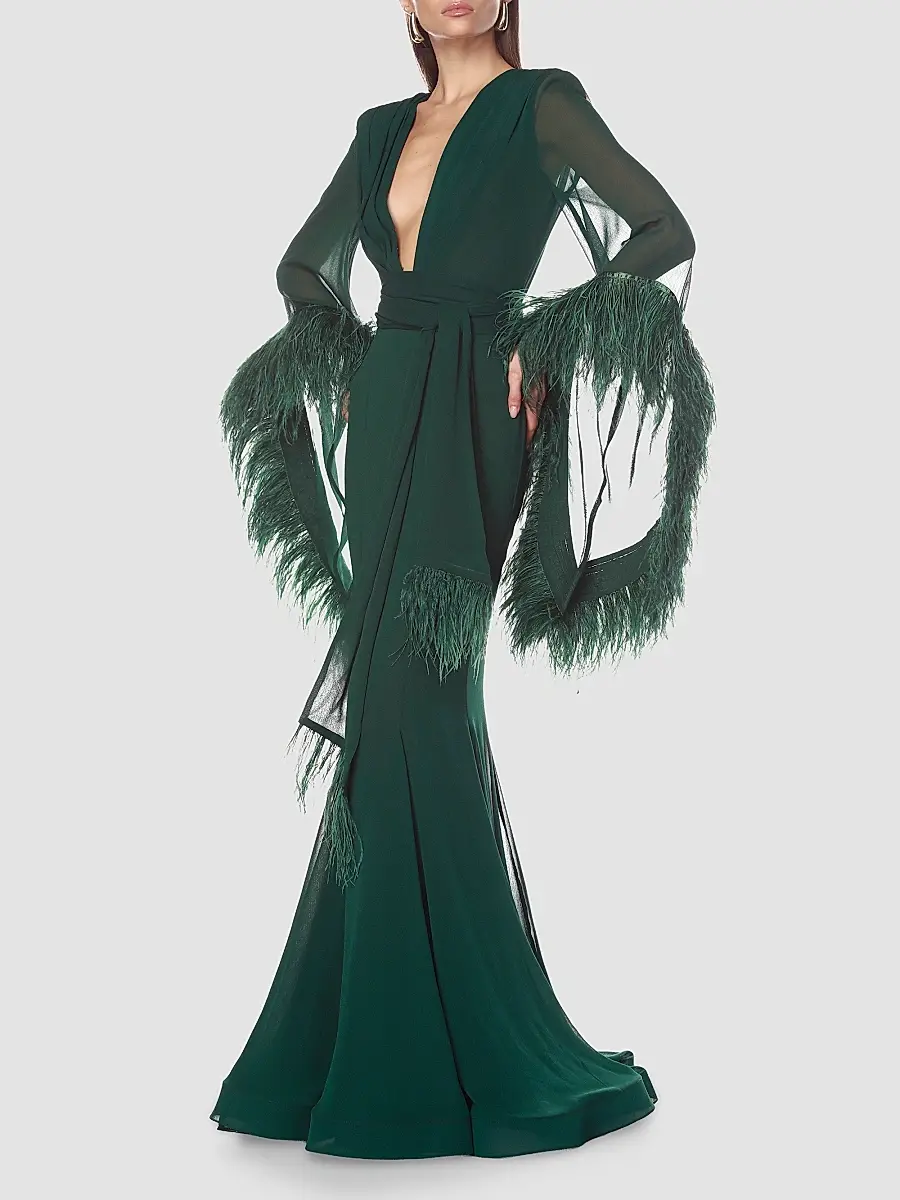 Bronx and Banco Women's Geisha Feather-Trim Chiffon Gown | Thumbnail 3 Bronx and Banco Women's Geisha Feather-Trim Chiffon Gown | Thumbnail 3