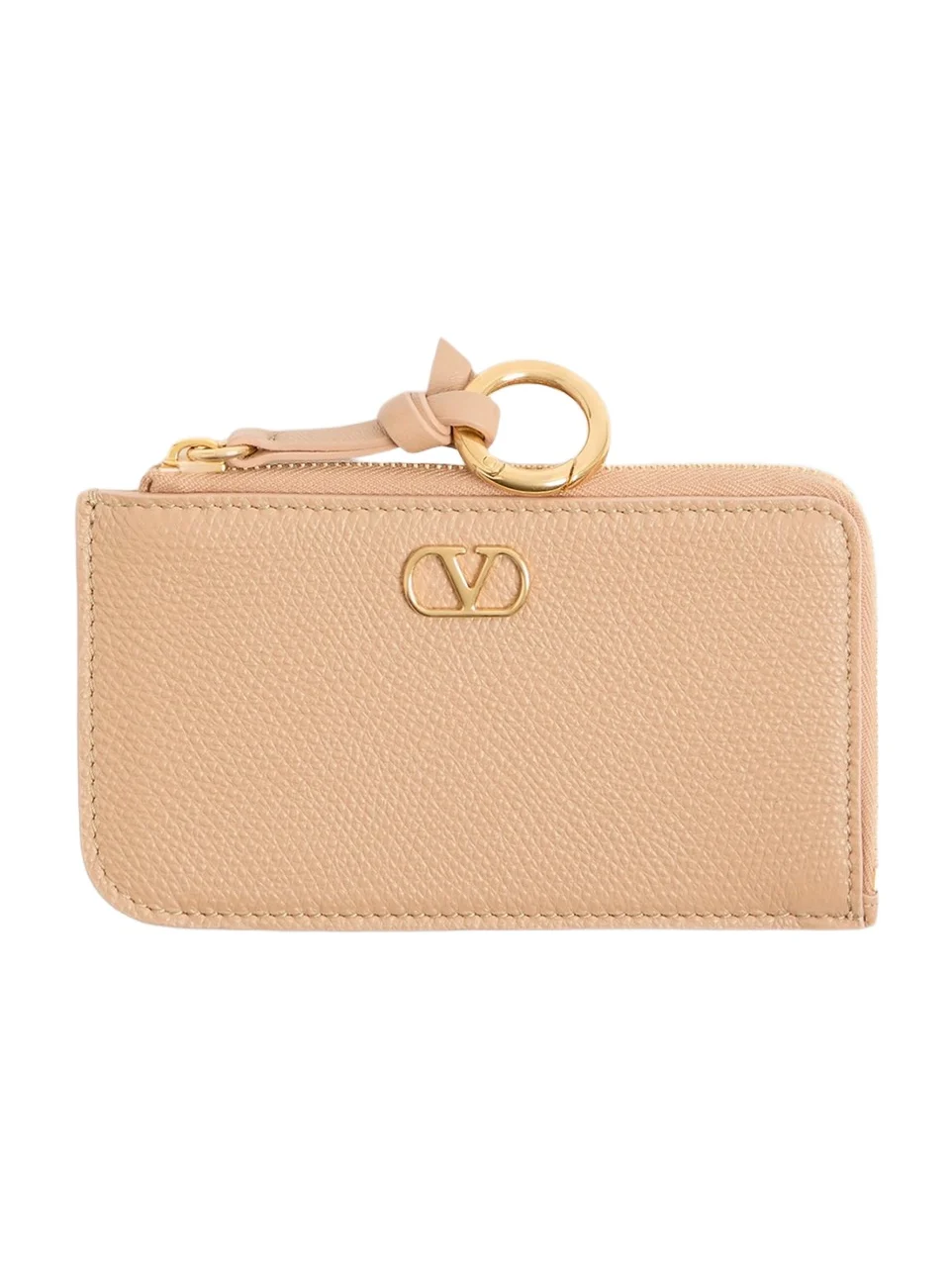 Valentino Women's Zip-Around Charm Card Holder in Grainy Calfskin - Beige