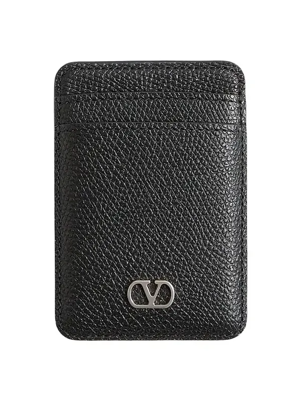 Men's VLogo Signature Magnetic Cardholder in Grainy Calfskin - Black