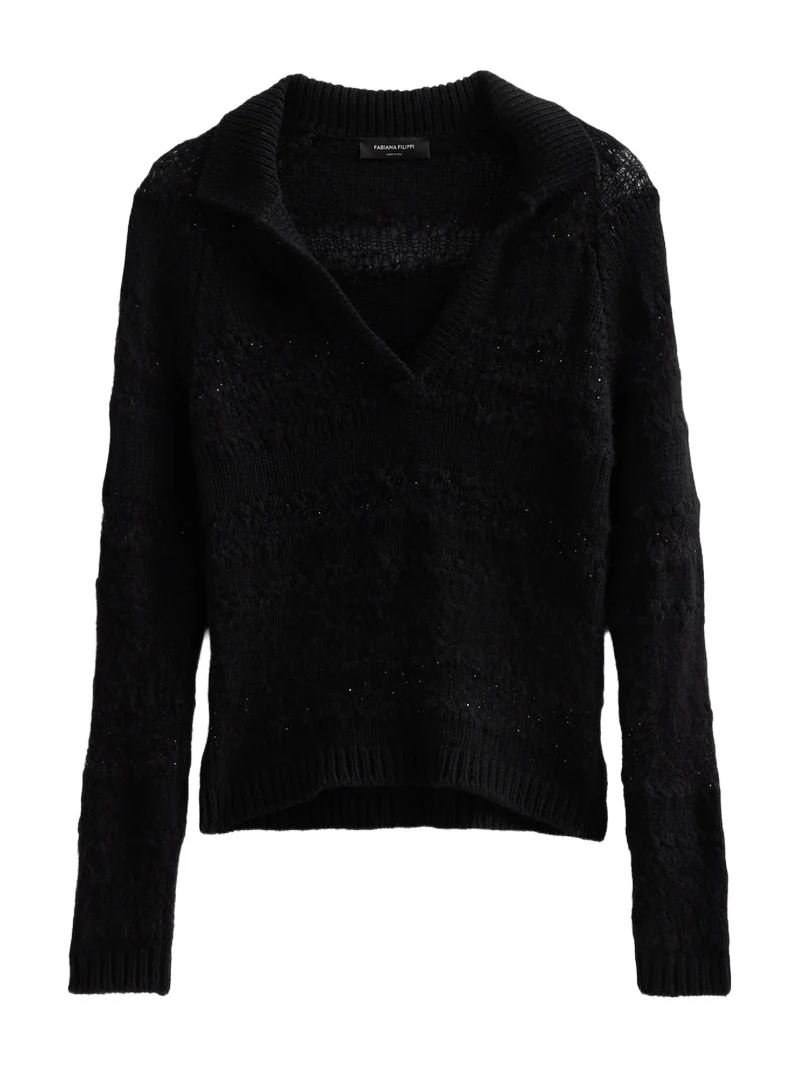 Women's Platinum Johnny Collar Wool-Silk Blend Polo Sweater