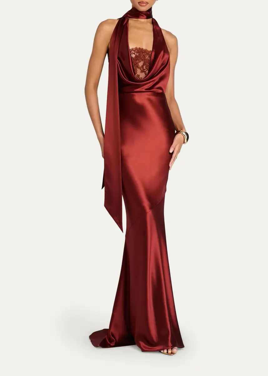 Retrofête Melly Satin Lace-Trim Scarf Gown | Thumbnail 2 Retrofête Melly Satin Lace-Trim Scarf Gown | Thumbnail 2