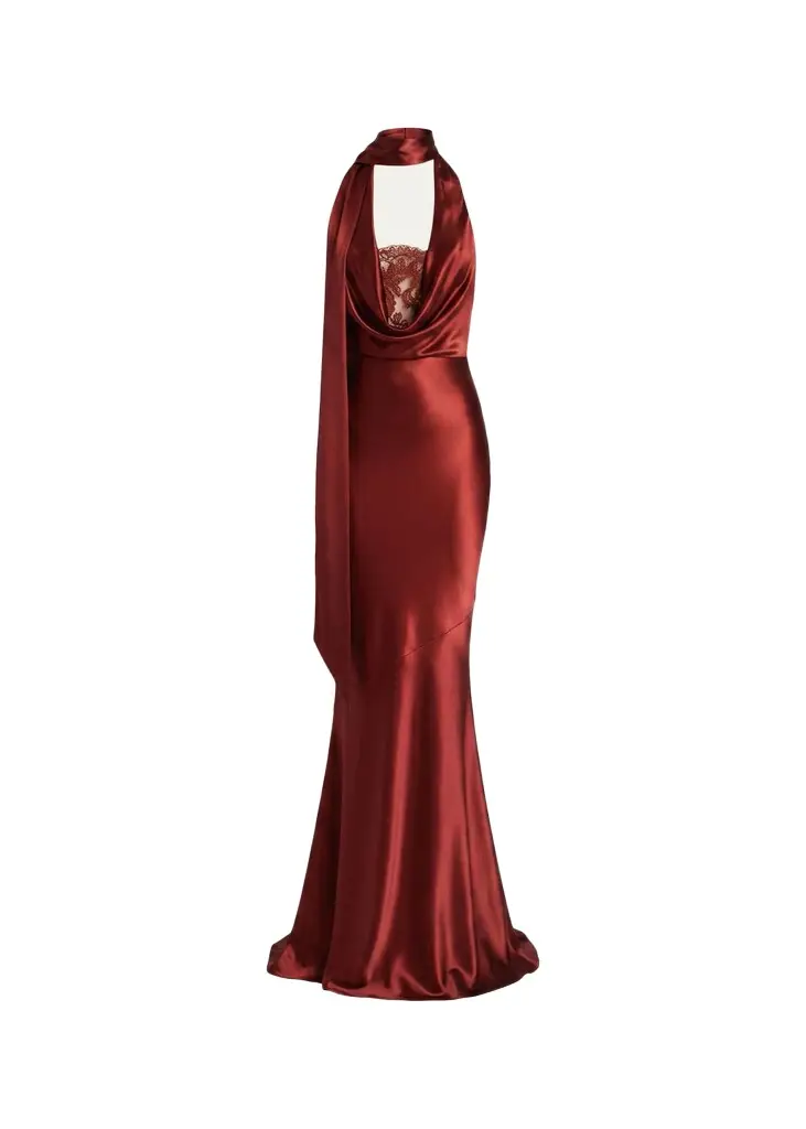Retrofête Melly Satin Lace-Trim Scarf Gown