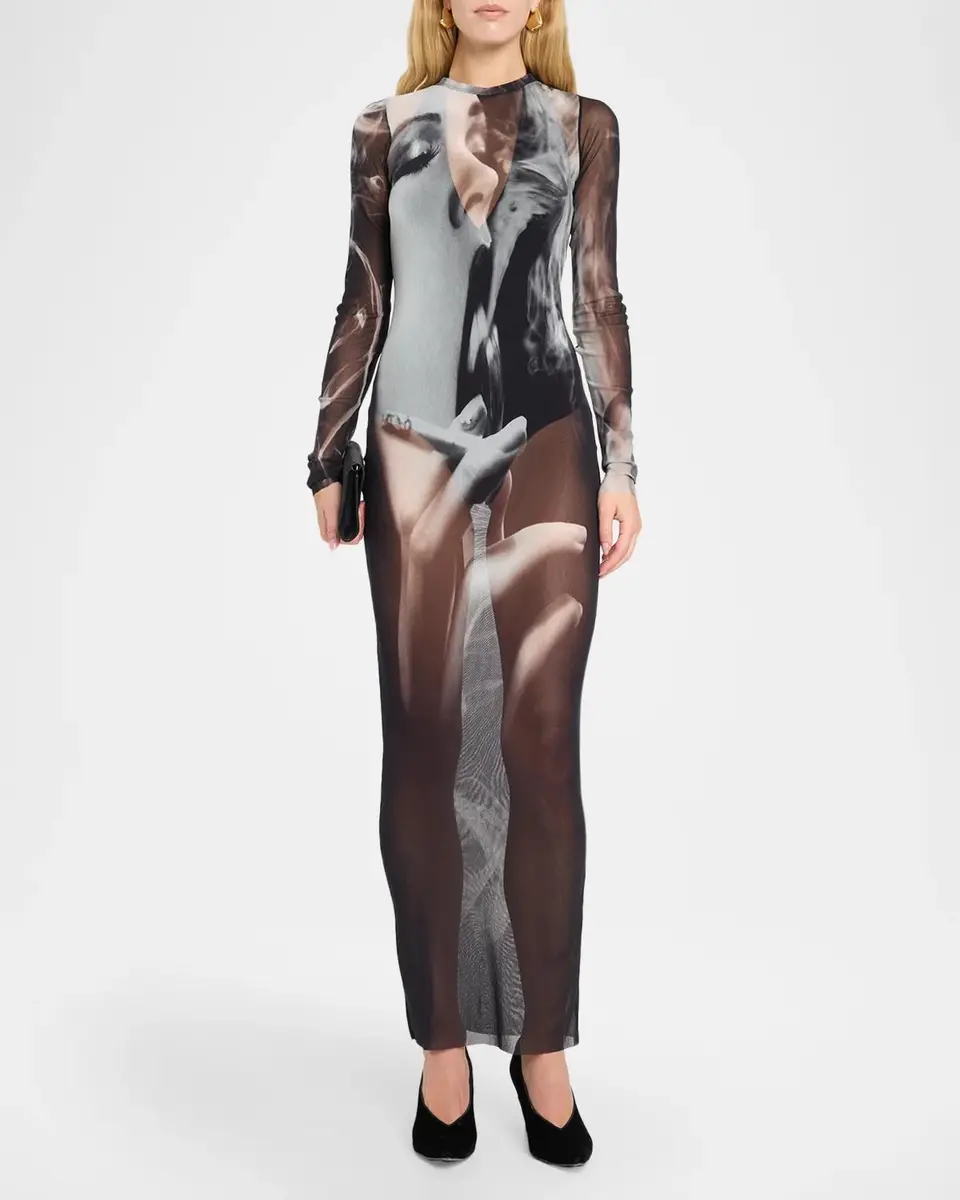 Jean Paul Gaultier The Smoking Woman Print Mesh Long-Sleeve Maxi Dress | Thumbnail 2