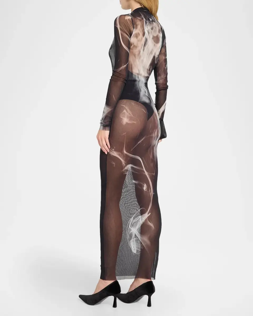 Jean Paul Gaultier The Smoking Woman Print Mesh Long-Sleeve Maxi Dress | Thumbnail 3