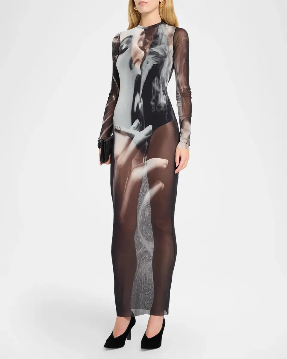 Jean Paul Gaultier The Smoking Woman Print Mesh Long-Sleeve Maxi Dress | Thumbnail 4