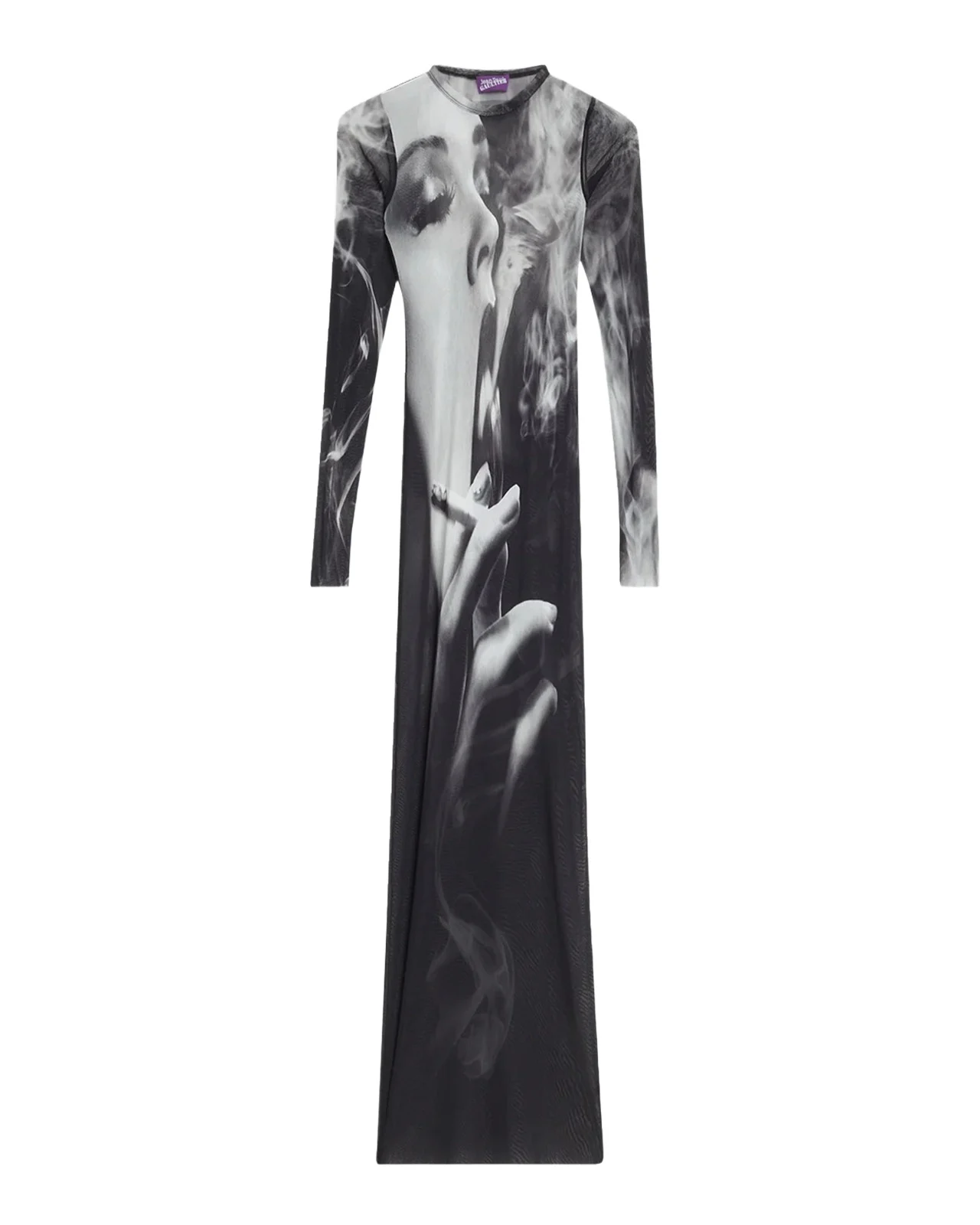 Jean Paul Gaultier The Smoking Woman Print Mesh Long-Sleeve Maxi Dress