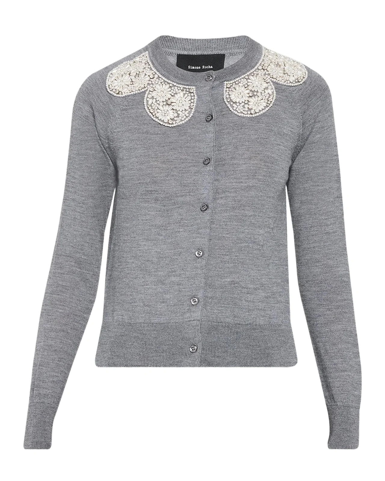 Embellished Classic Merino Wool-Silk Crewneck Cardigan