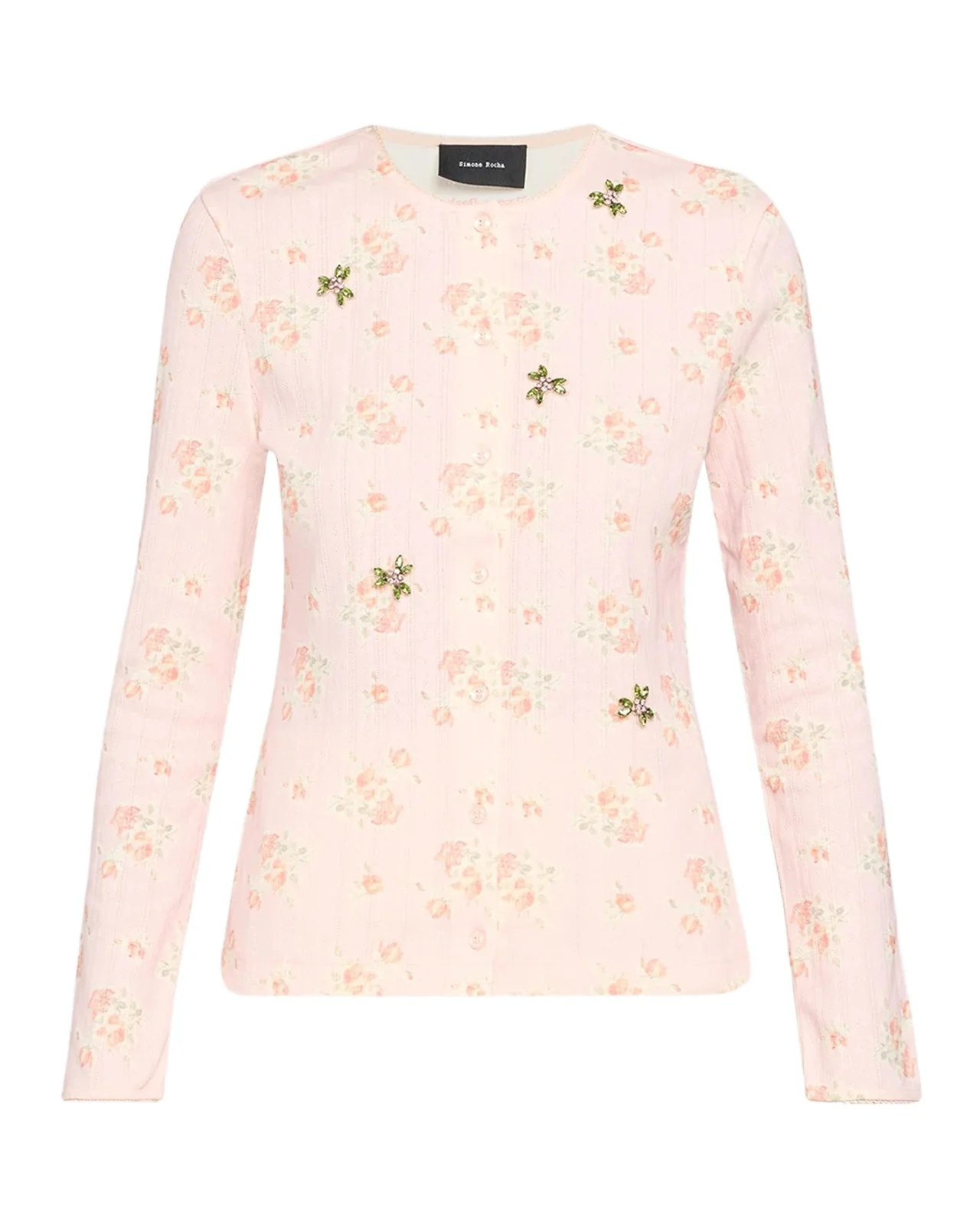 Simone Rocha Floral Embellished Cotton Pointelle Crewneck Cardigan