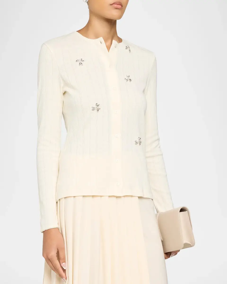 Simone Rocha Crystal Embellished Cotton Pointelle Crewneck Cardigan | Thumbnail 4 Simone Rocha Crystal Embellished Cotton Pointelle Crewneck Cardigan | Thumbnail 4