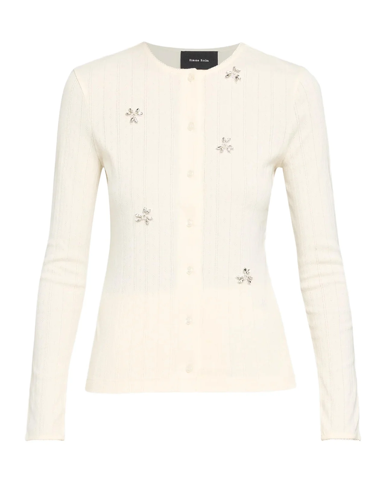 Simone Rocha Crystal Embellished Cotton Pointelle Crewneck Cardigan