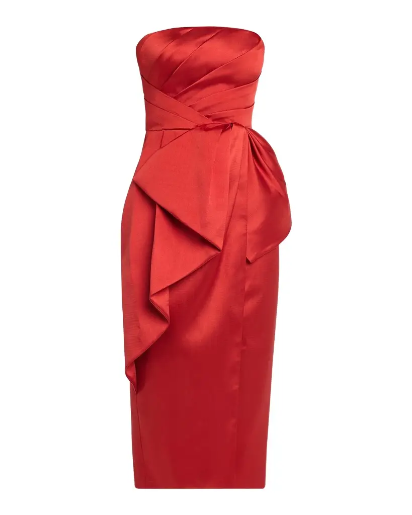 THEIA Dorothea Draped Strapless Midi Dress