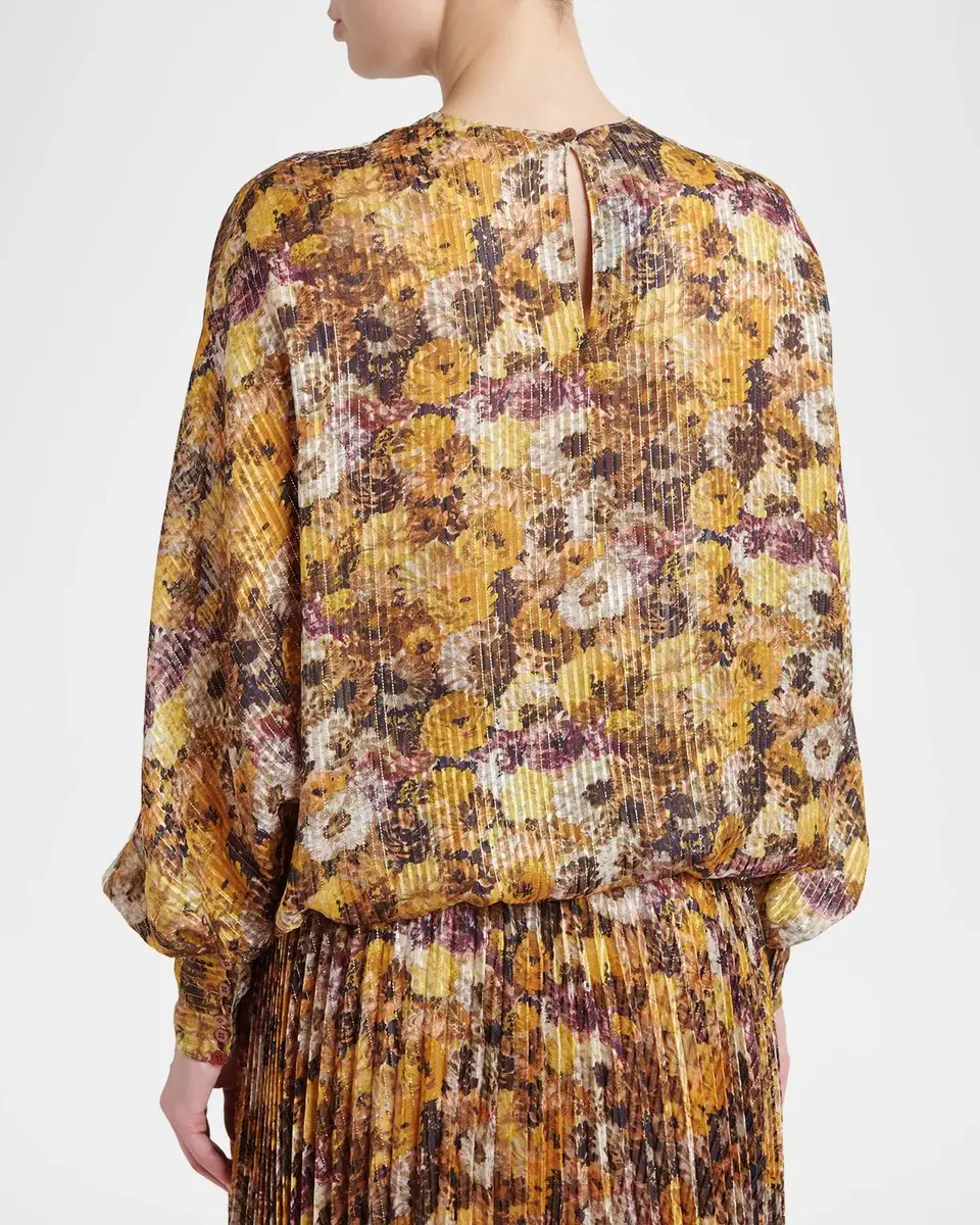 Valentino Garavani Metallic Floral Silk Long-Sleeve Balloon Top | Thumbnail 3