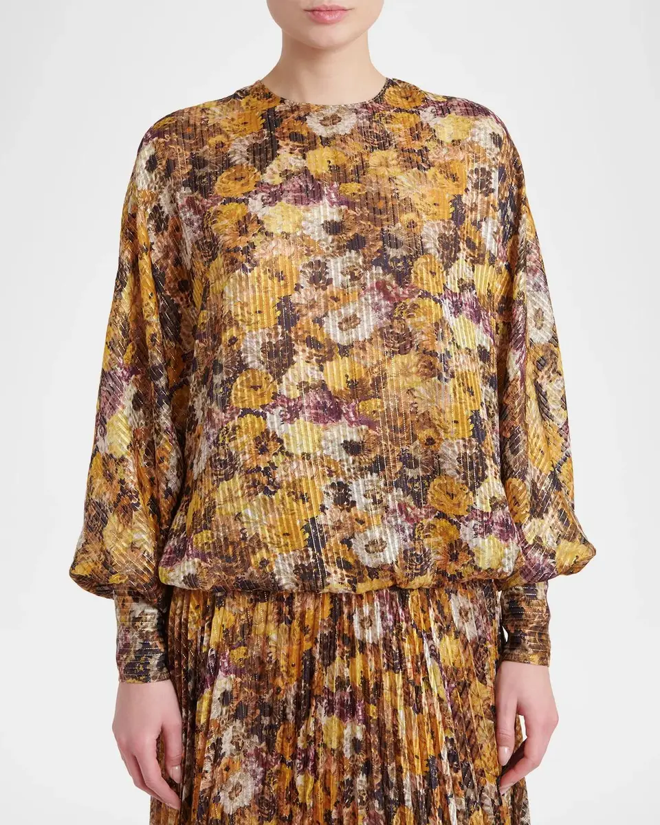 Valentino Garavani Metallic Floral Silk Long-Sleeve Balloon Top | Thumbnail 4