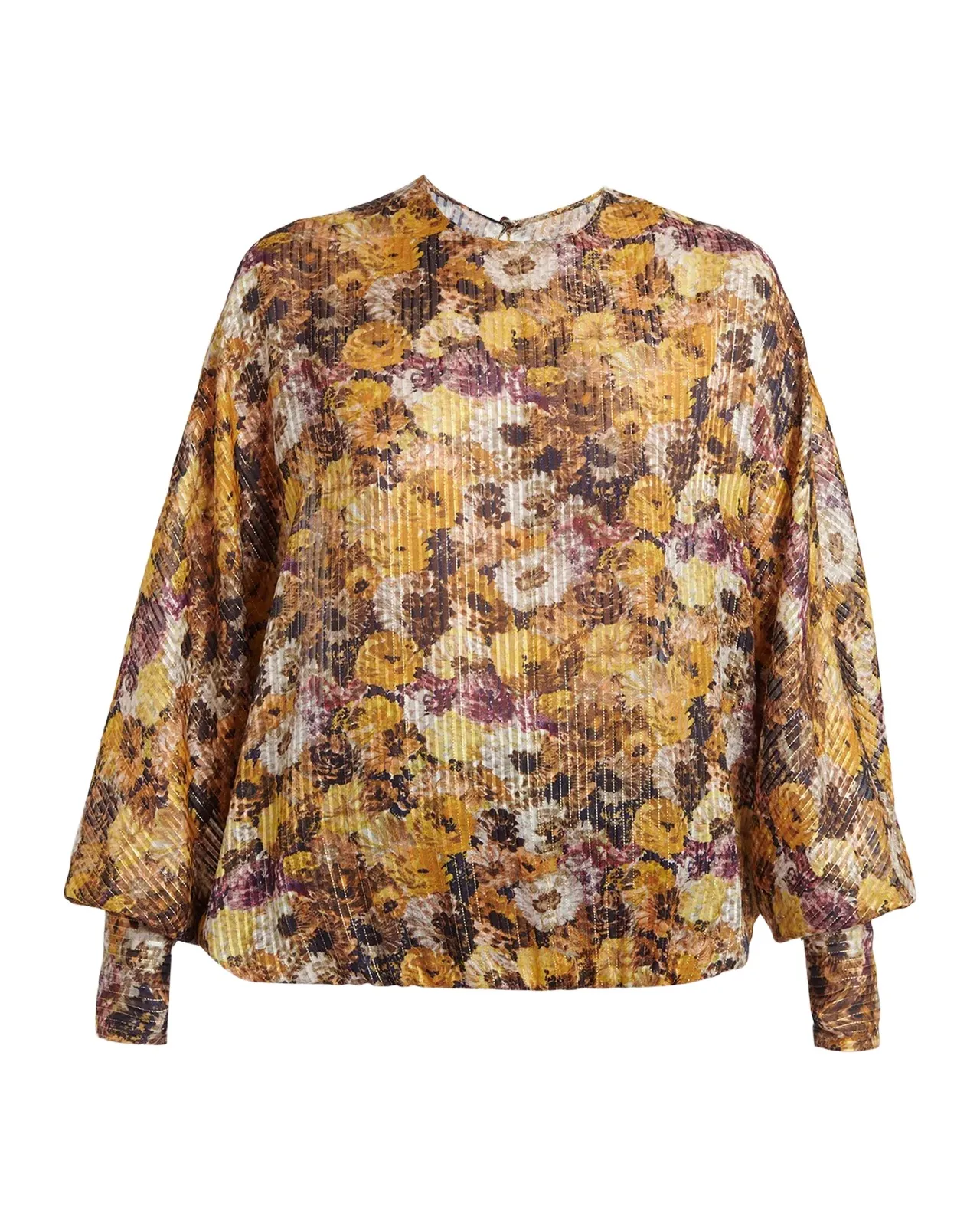 Metallic Floral Silk Long-Sleeve Balloon Top