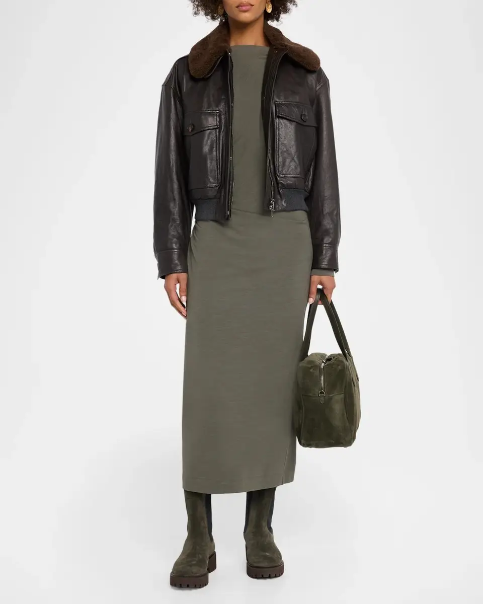 Brunello Cucinelli Long-Sleeve Wool Jersey Midi Dress | Thumbnail 2