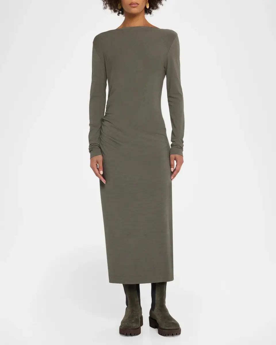 Brunello Cucinelli Long-Sleeve Wool Jersey Midi Dress | Thumbnail 4