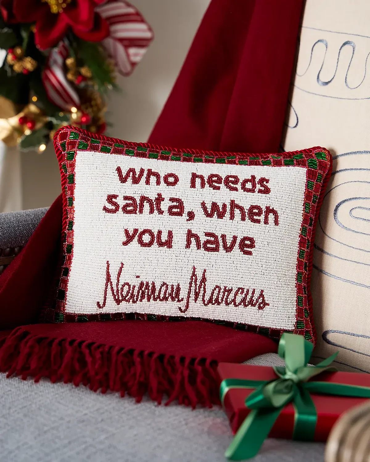 Sudha Pennathur "Who Needs Santa" Beaded Pillow, 9" x 12"
