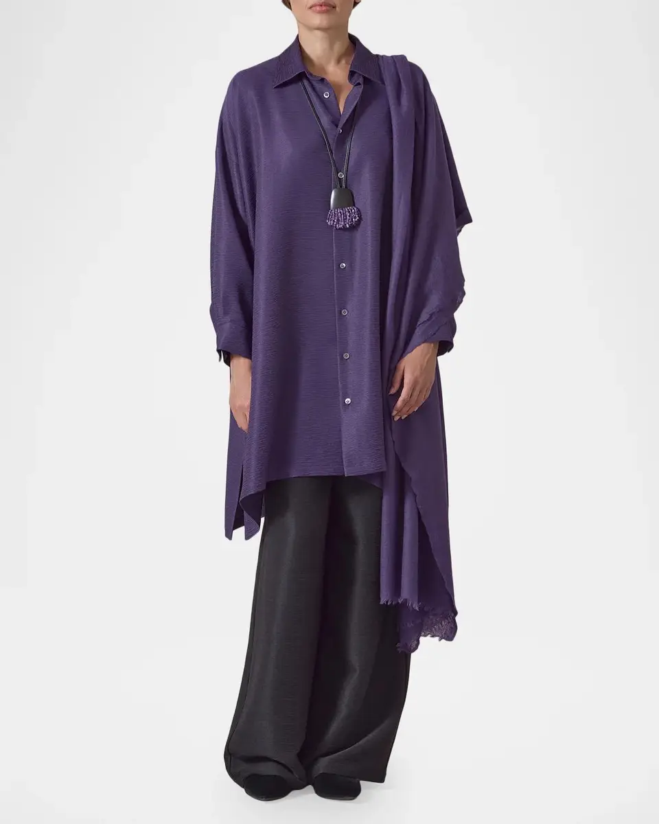 Eskandar Wide A-Line Shirt With Collar - Very Long Length With Slits | Thumbnail 2