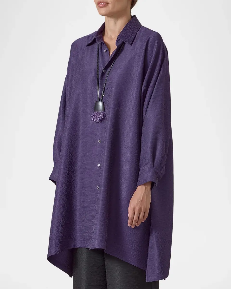 Eskandar Wide A-Line Shirt With Collar - Very Long Length With Slits | Thumbnail 4