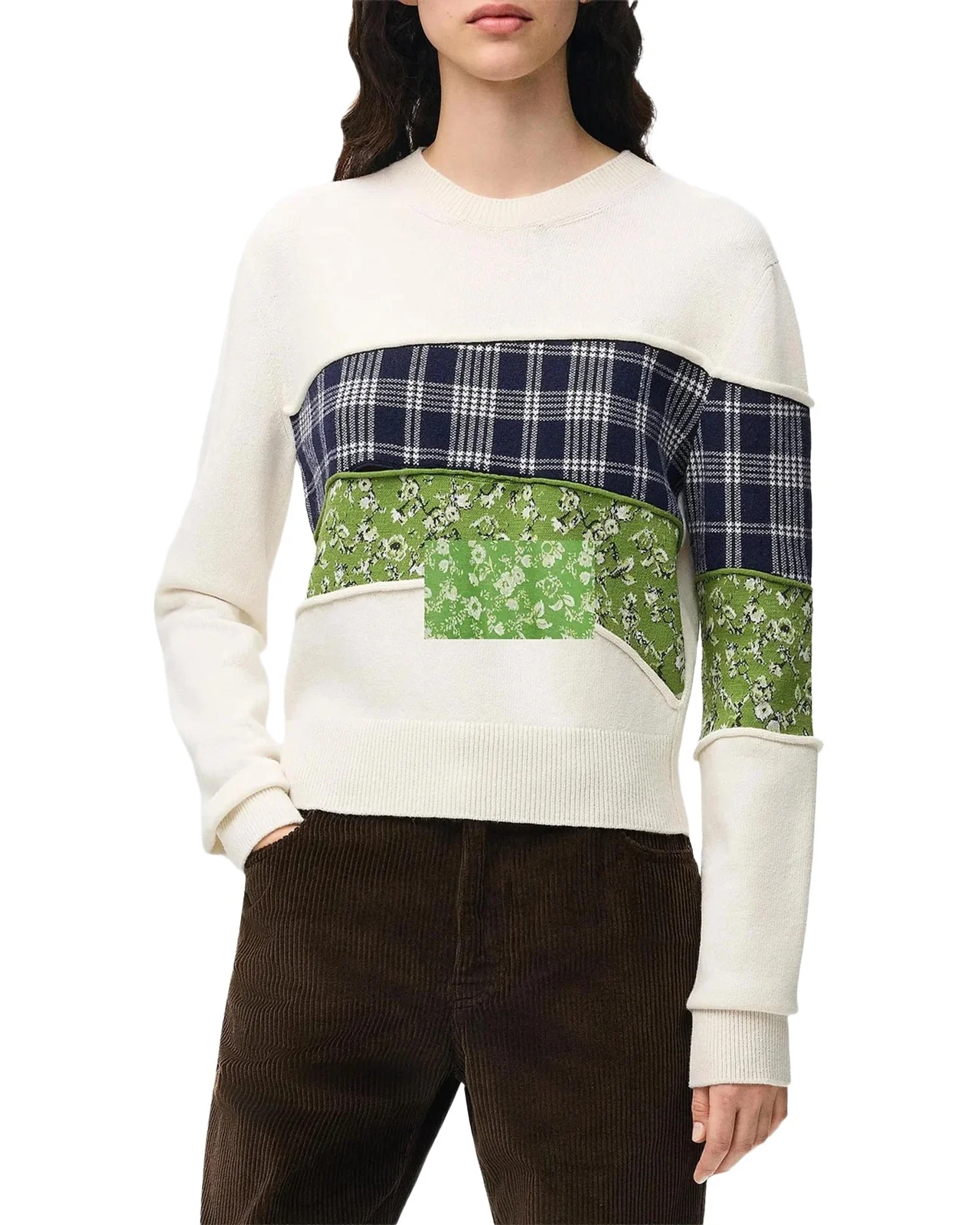 Patchwork Wool Knit Crewneck Sweater