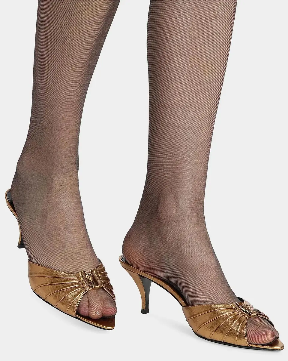 Saint Laurent 60mm Babylone YSL Ruched Mule Sandals in Metallic Leather | Thumbnail 2 Saint Laurent 60mm Babylone YSL Ruched Mule Sandals in Metallic Leather | Thumbnail 2