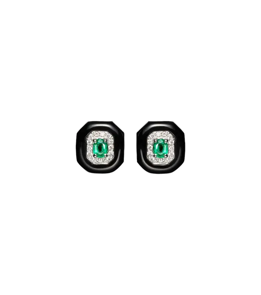 Nikos Koulis Oui 18kt white gold and enamel earrings with emeralds and diamonds
