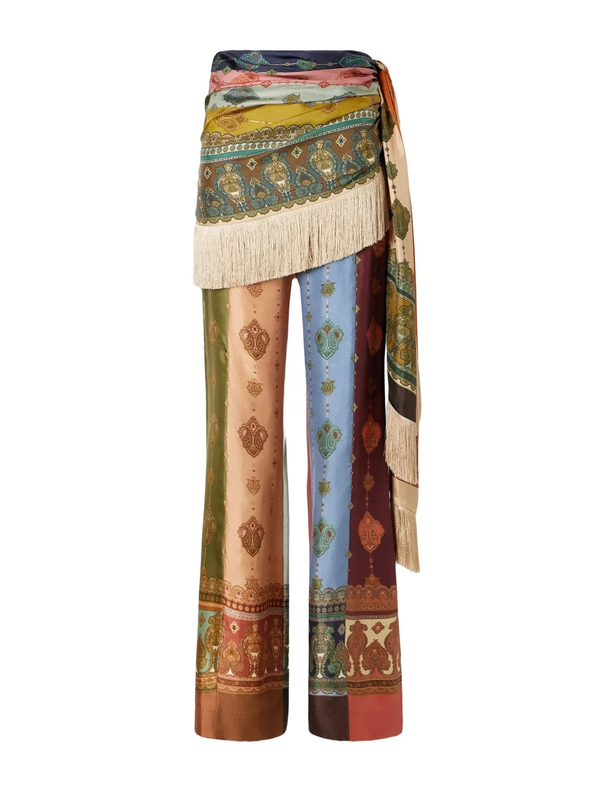Valiant Fringed Tie-detailed Printed Silk-satin Wide-leg Pants