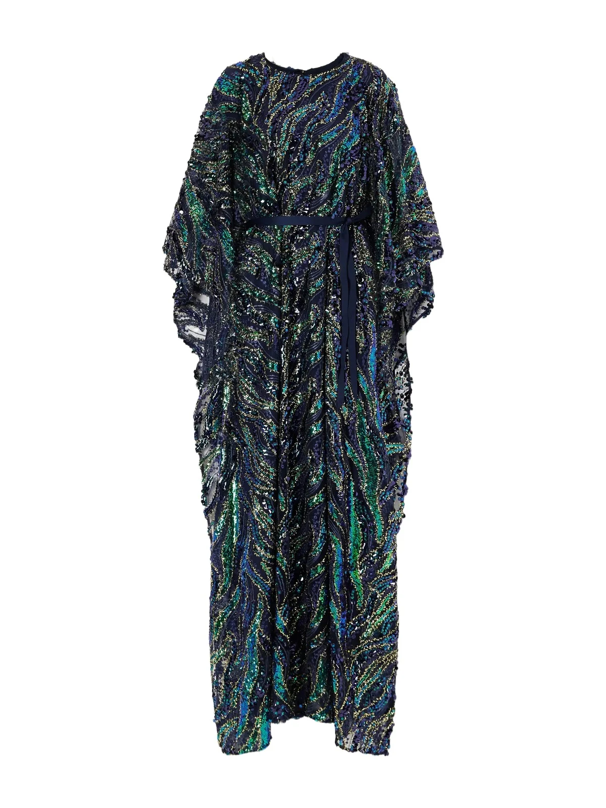 Firefly Belted Draped Sequined Tulle Gown