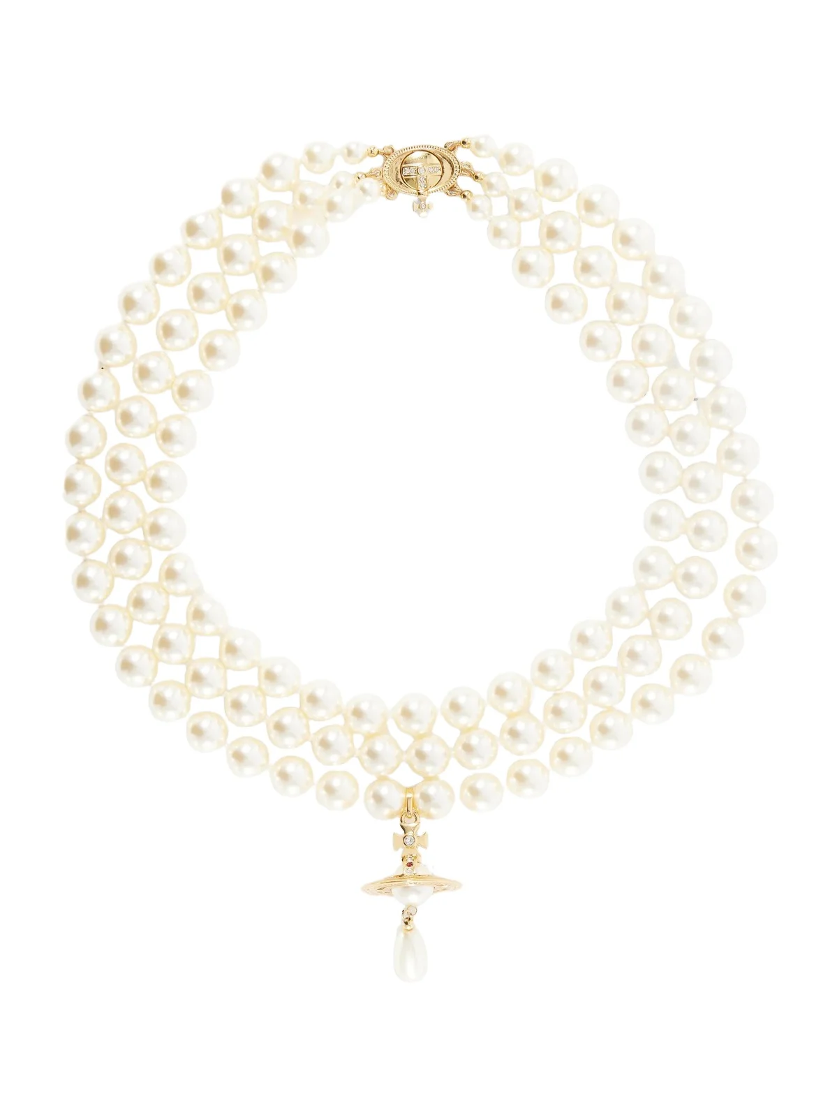 Three Row Pearl Drop Gold-tone And Pearls Necklace Three Row Pearl Drop Gold-tone And Pearls Necklace