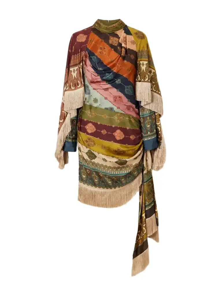 Valiant Cape-effect Tie-detailed Fringed Printed Silk-satin Mini Dress